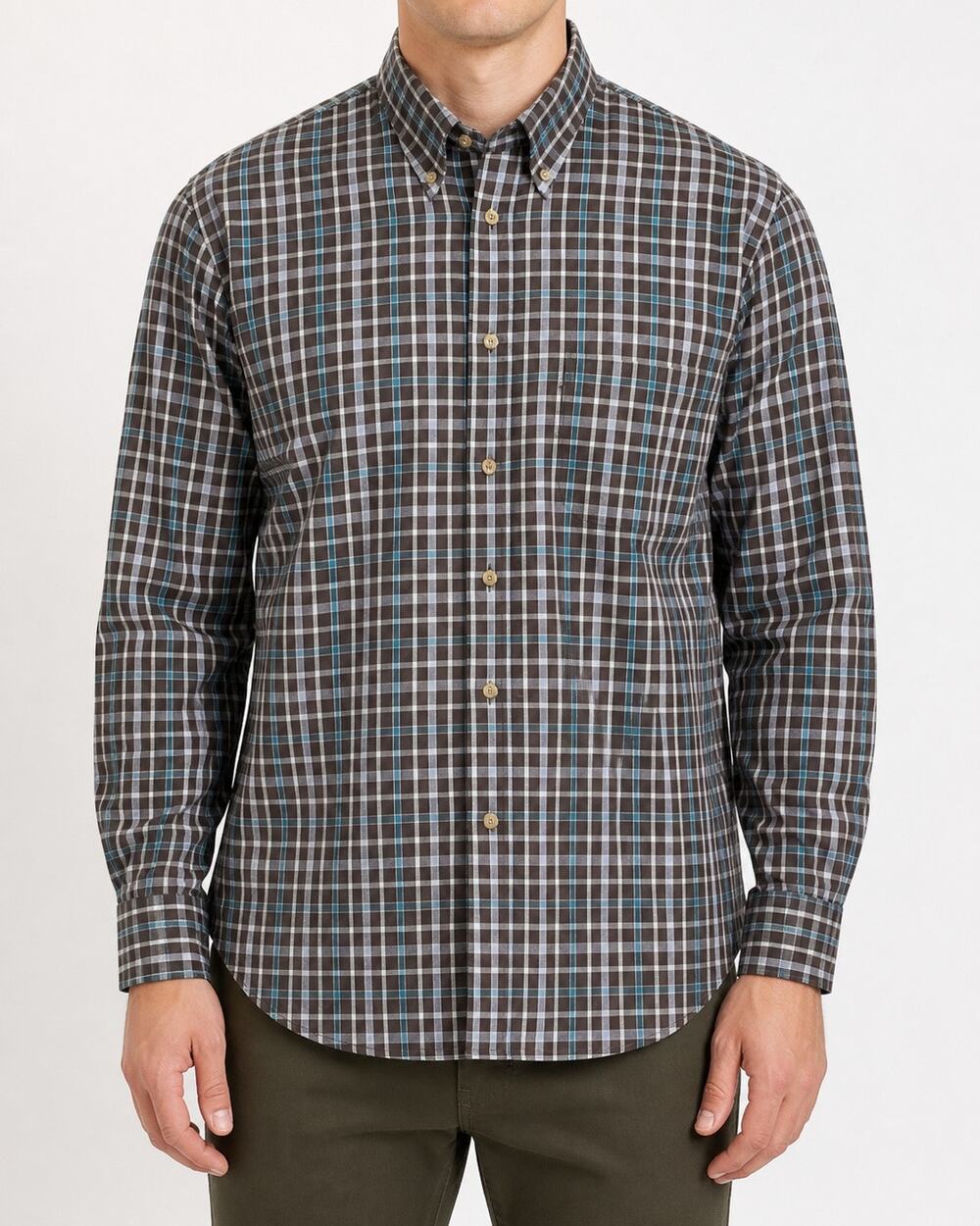 Barbour Shirt Men Large Brown Blue Check Long Sleeve Classic Button-Down